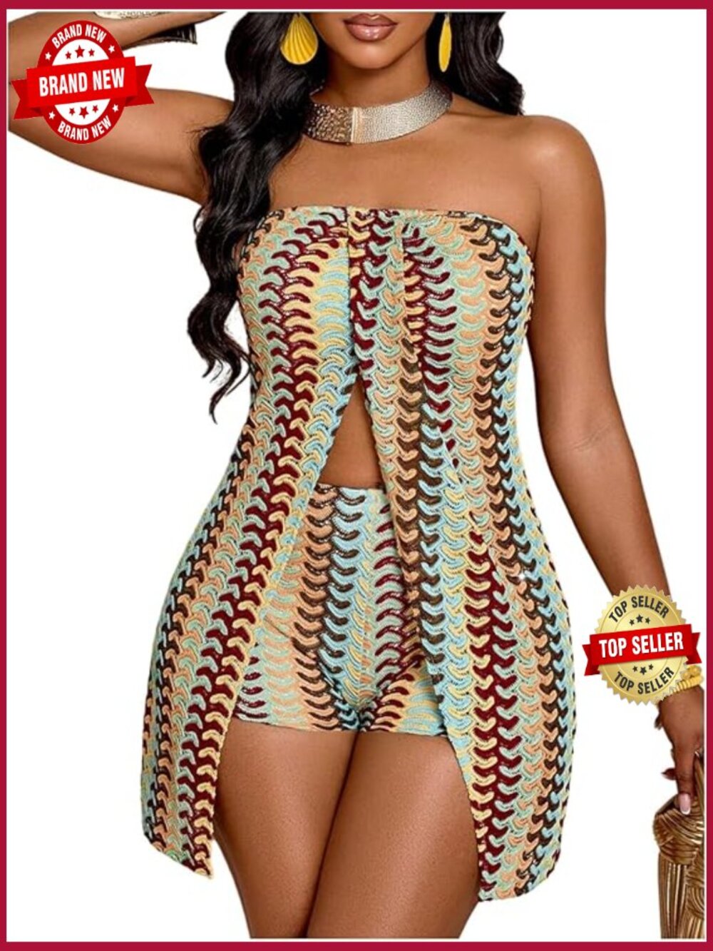 Boho Summer Going Out Set Rainbow Striped Strapless Split Tube Top Mini Shorts